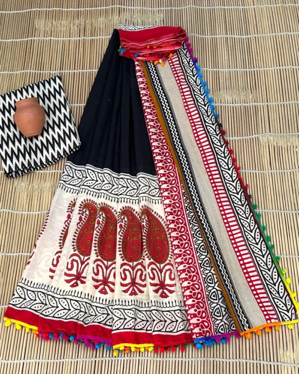 Pure Soft Cotton Mulmul Bagru Hand Block Printed Saree - Image 18