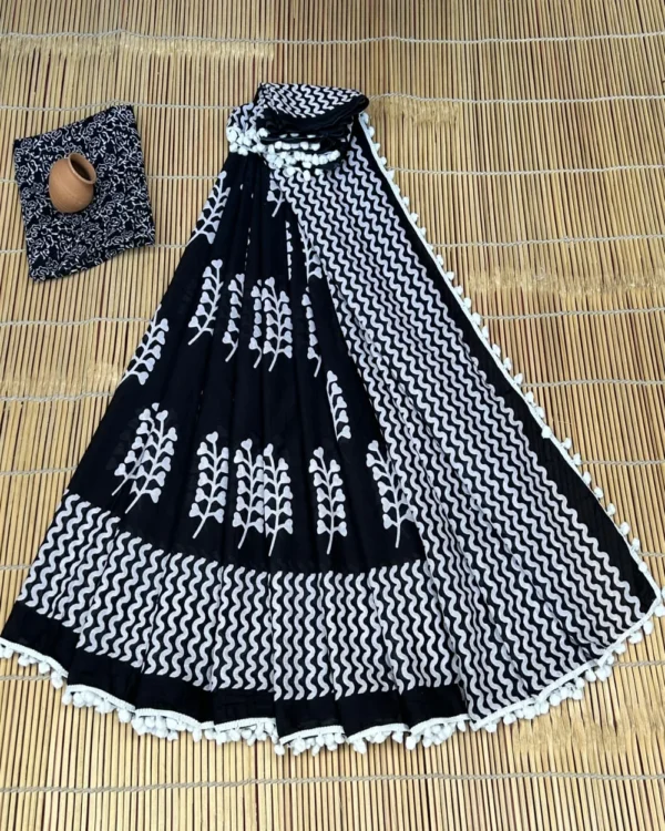Pure Soft Cotton Mulmul Bagru Hand Block Printed Saree - Image 17