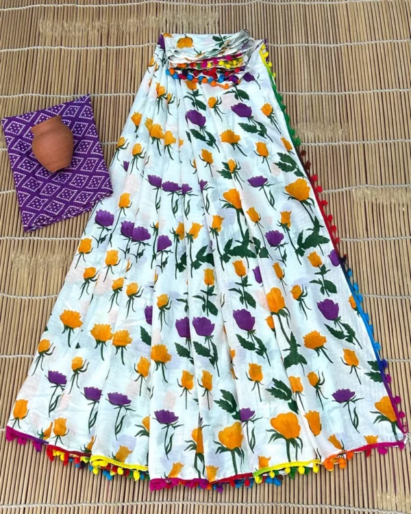 Pure Soft Cotton Mulmul Bagru Hand Block Printed Saree - Image 3