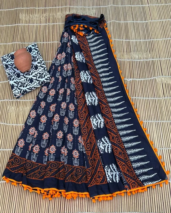 Pure Soft Cotton Mulmul Bagru Hand Block Printed Saree - Image 14