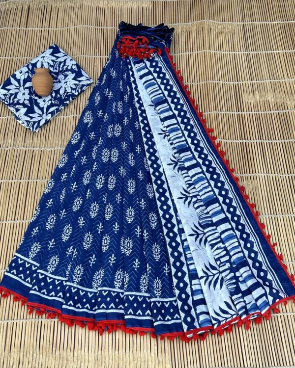 Pure Soft Cotton Mulmul Bagru Hand Block Printed Saree - Image 9
