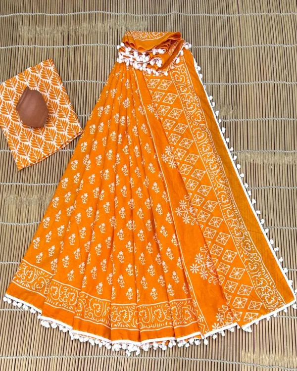 Pure Soft Cotton Mulmul Bagru Hand Block Printed Saree - Image 19