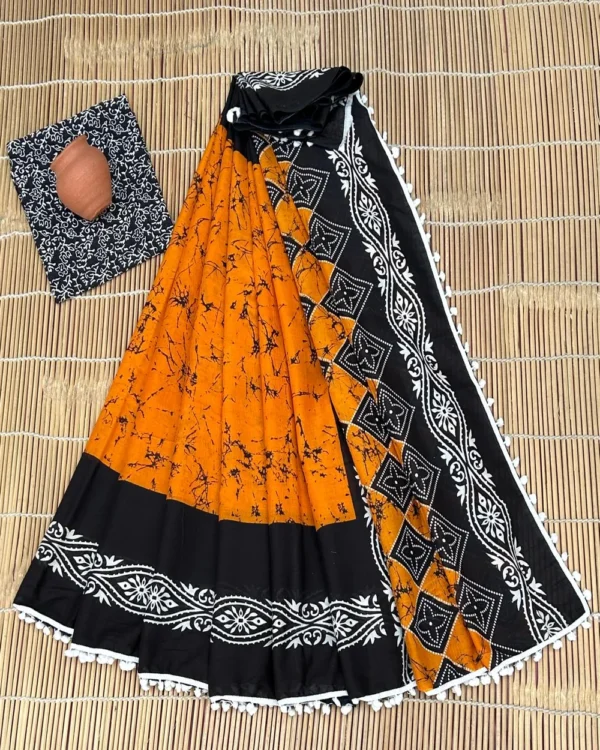 Pure Soft Cotton Mulmul Bagru Hand Block Printed Saree - Image 11