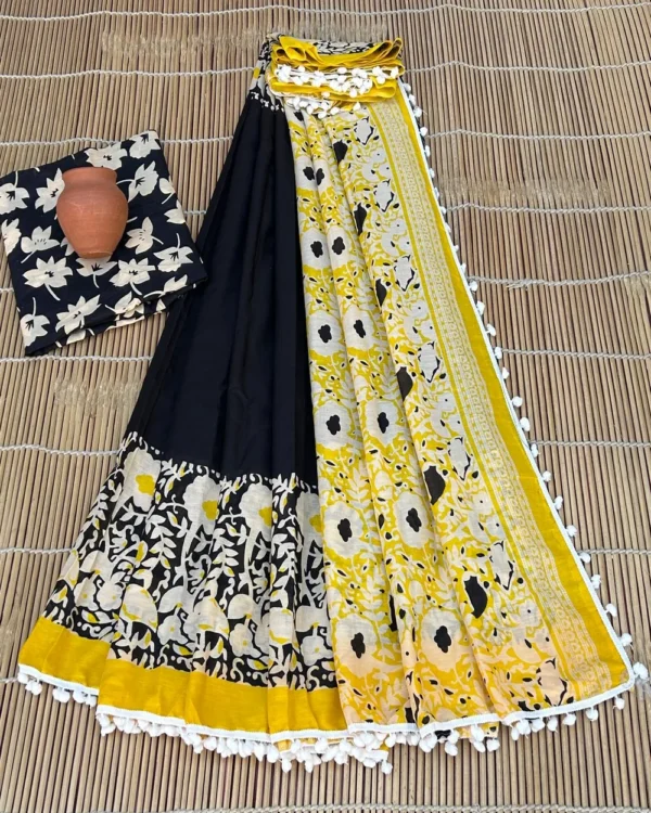 Pure Soft Cotton Mulmul Bagru Hand Block Printed Saree - Image 6