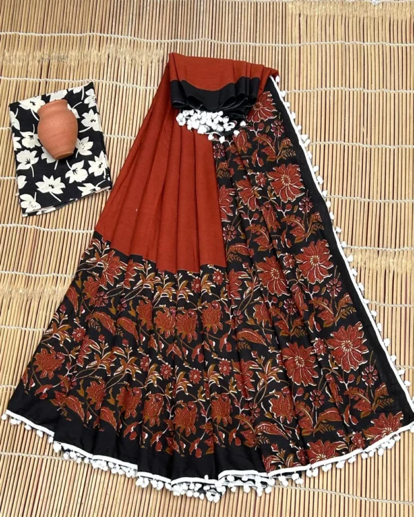 Pure Soft Cotton Mulmul Bagru Hand Block Printed Saree - Image 23