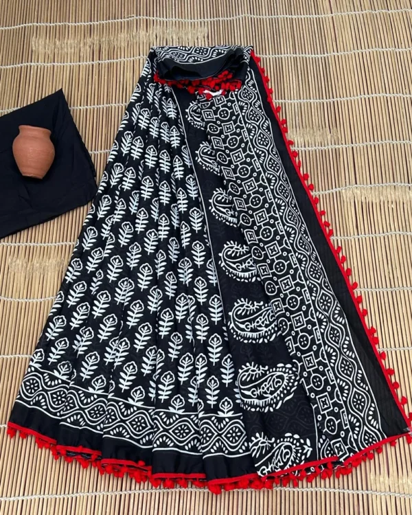 Pure Soft Cotton Mulmul Bagru Hand Block Printed Saree - Image 4