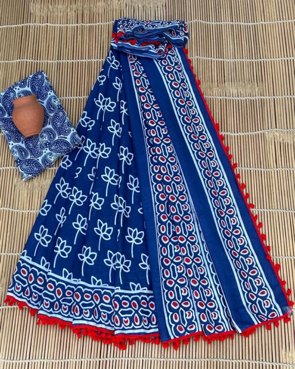 Pure Soft Cotton Mulmul Bagru Hand Block Printed Saree - Image 24