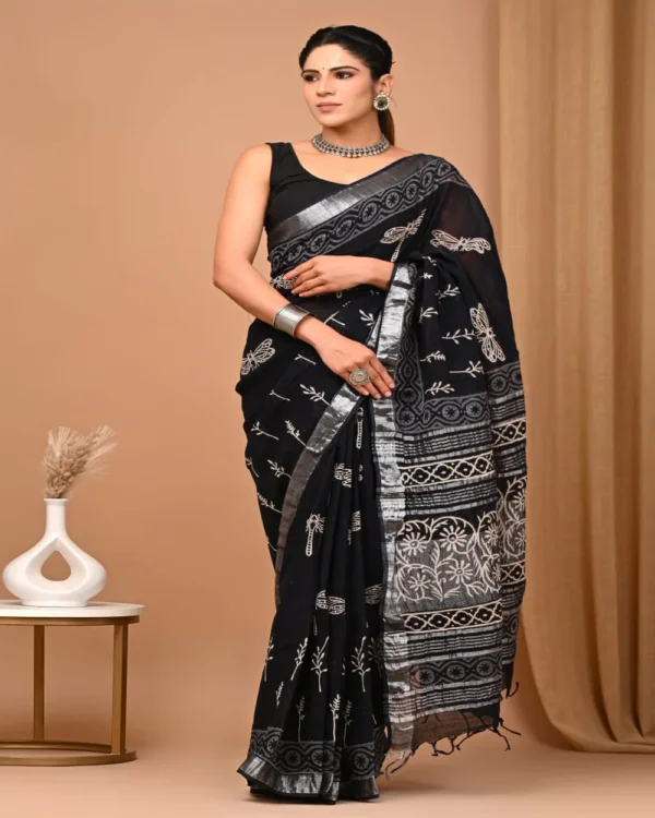 Pure Soft Linen Cotton Bagru Hand Block Printed Saree - Image 23