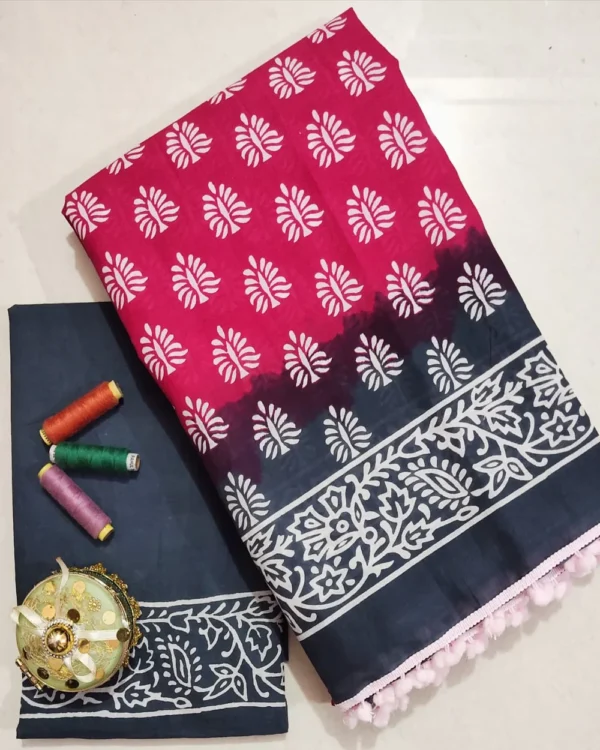 Pure Soft Cotton Mulmul Bagru Hand Block Printed Saree - Image 28