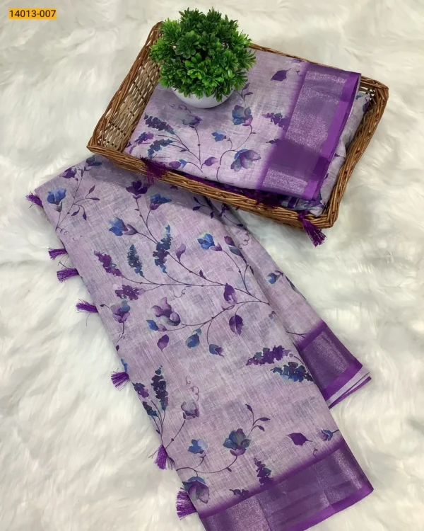 Linen Cotton Floral Printed Saree - Image 7