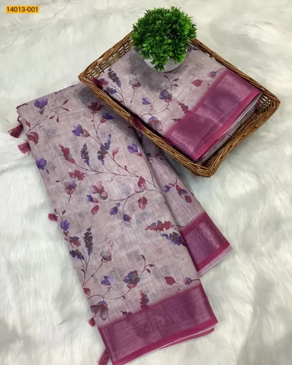 Linen Cotton Floral Printed Saree - Image 2