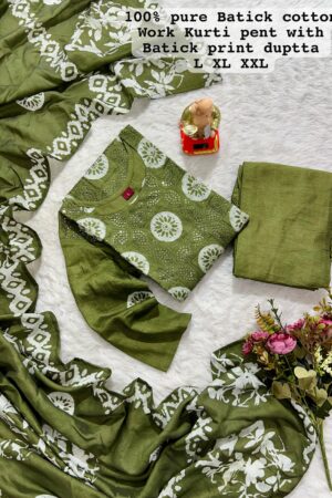 New Launch: Wedding Season Collection-Handwork Batik Kurti with Handwork Dupatta & Pants Set(Green)
