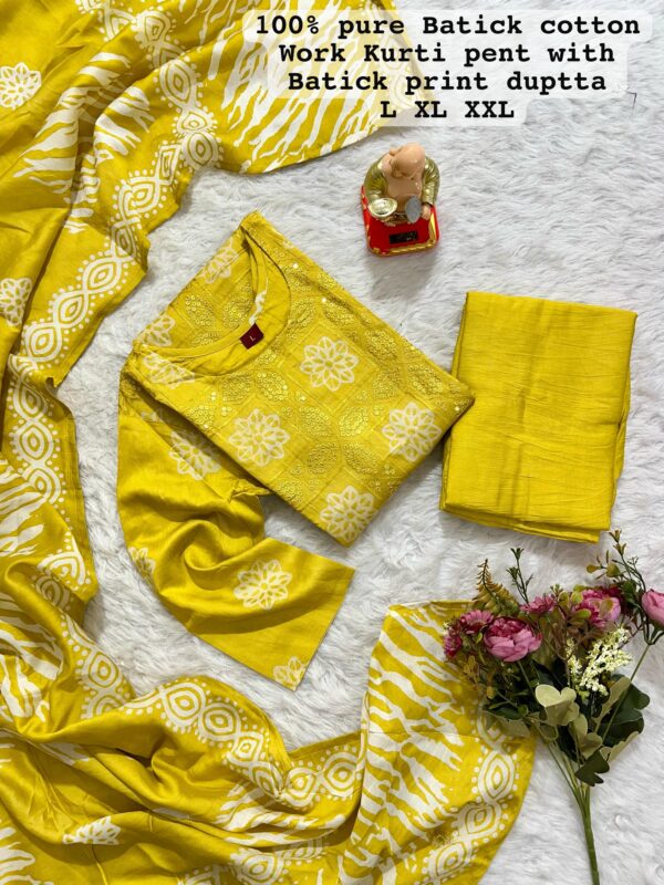 New Launch: Wedding Season Collection-Handwork Batik Kurti with Handwork Dupatta & Pants Set(Lemon Yellow)