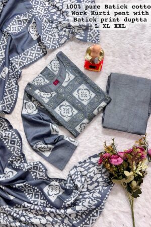 New Launch: Wedding Season Collection-Handwork Batik Kurti with Handwork Dupatta & Pants Set(Gry)