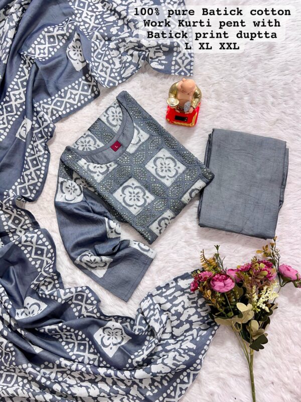New Launch: Wedding Season Collection-Handwork Batik Kurti with Handwork Dupatta & Pants Set(Gry)