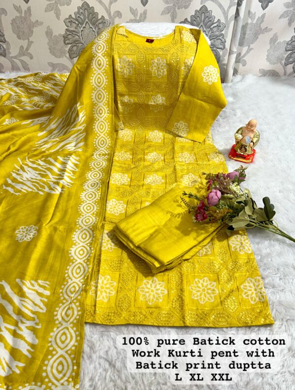 New Launch: Wedding Season Collection-Handwork Batik Kurti with Handwork Dupatta & Pants Set(Lemon Yellow) - Image 2