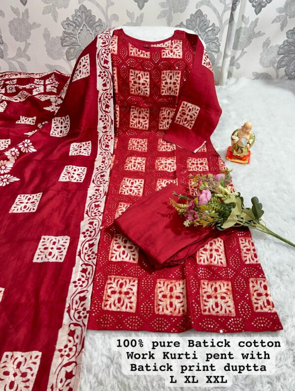 New Launch: Wedding Season Collection-Handwork Batik Kurti with Handwork Dupatta & Pants Set(Red) - Image 2
