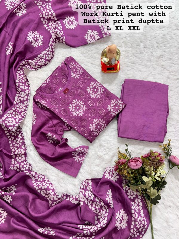 New Launch: Wedding Season Collection-Handwork Batik Kurti with Handwork Dupatta & Pants Set(Levender)