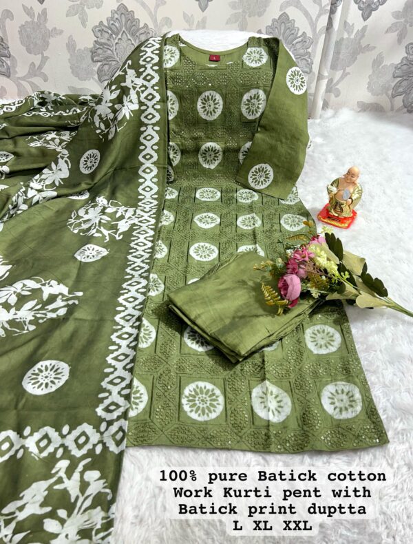 New Launch: Wedding Season Collection-Handwork Batik Kurti with Handwork Dupatta & Pants Set(Green) - Image 2