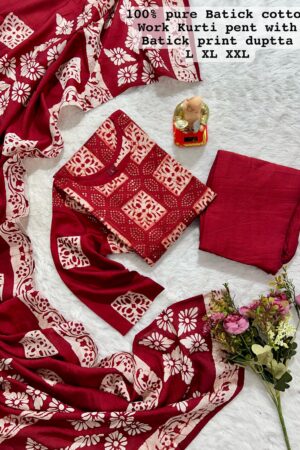 New Launch: Wedding Season Collection-Handwork Batik Kurti with Handwork Dupatta & Pants Set(Red)