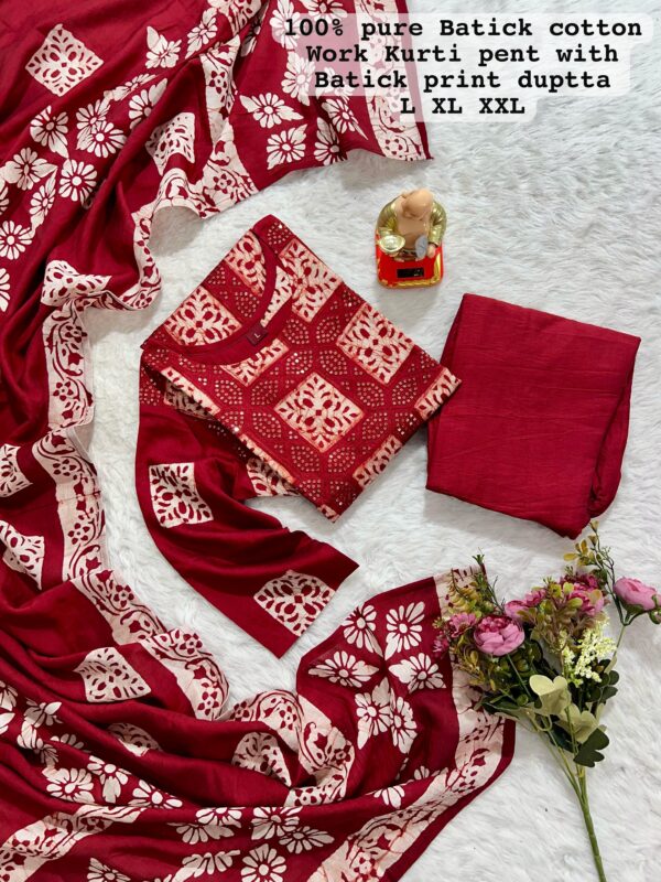 New Launch: Wedding Season Collection-Handwork Batik Kurti with Handwork Dupatta & Pants Set(Red)