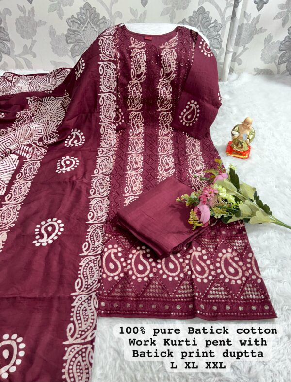 New Launch: Wedding Season Collection-Handwork Batik Kurti with Handwork Dupatta & Pants Set(Brown) - Image 2