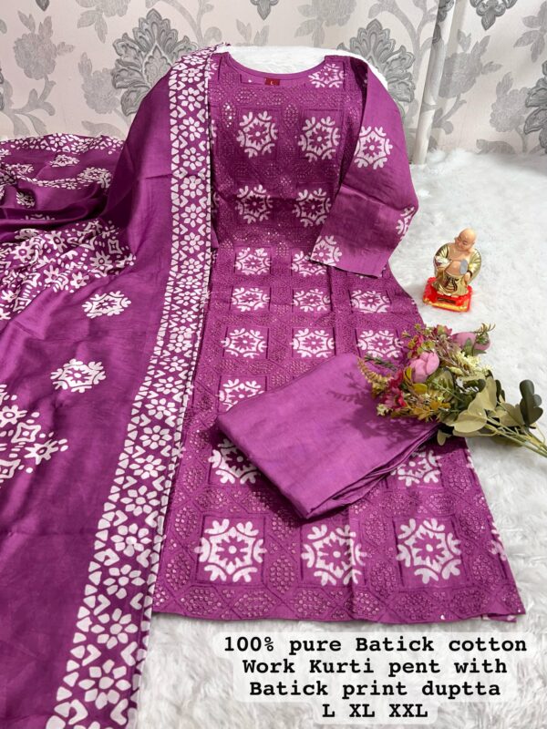 New Launch: Wedding Season Collection-Handwork Batik Kurti with Handwork Dupatta & Pants Set(Levender) - Image 2