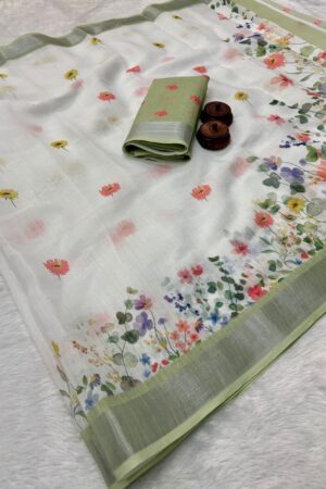 Zari Weaving Border Pure Linen Cotton(White Body- Sea Green Border)