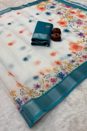 Zari Weaving Border Pure Linen Cotton(White Body -Blue Border)