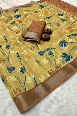 Zari Weaving Border Pure Linen Cotton(Yellow Body)