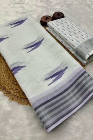 Zari Weaving Border Pure Linen Cotton(White-Gry)