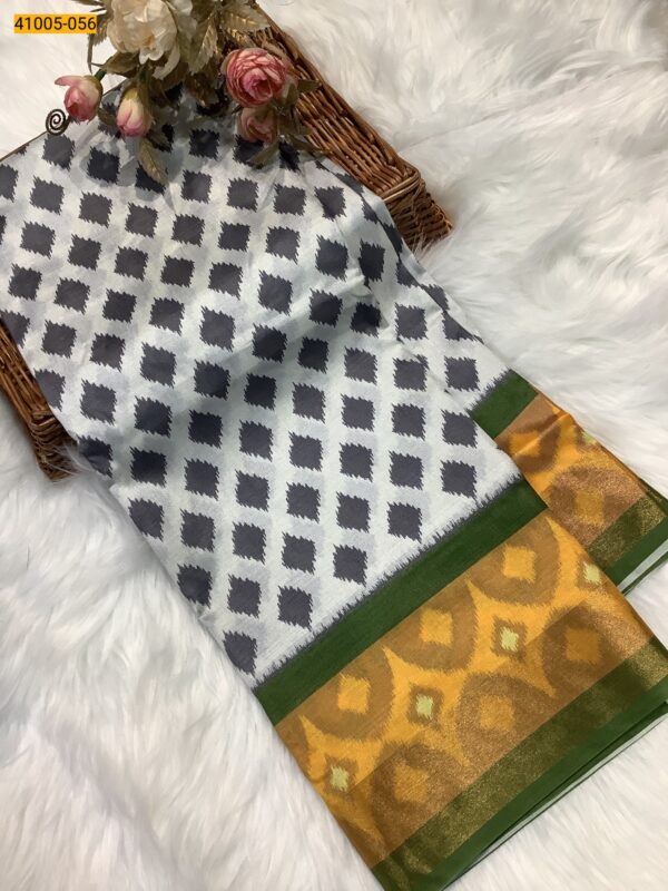 New Arrival Pochampally Printed Dola Silk Sarees(Green Border-White Body)