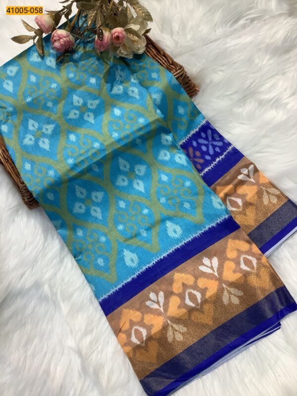 New Arrival Pochampally Printed Dola Silk Sarees(Lavender Border-sky Body)