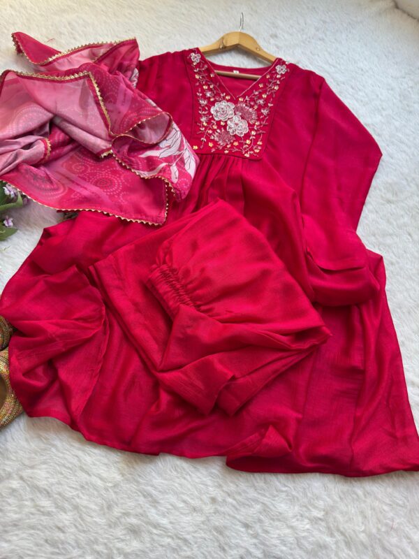Party Wear Vichitra Silk A-Line Gown with Pant & Dupatta (Set of 3) - Image 3
