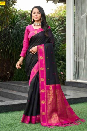 Kalyani Fancy Silk Cotton Saree(Black body-Pink border)