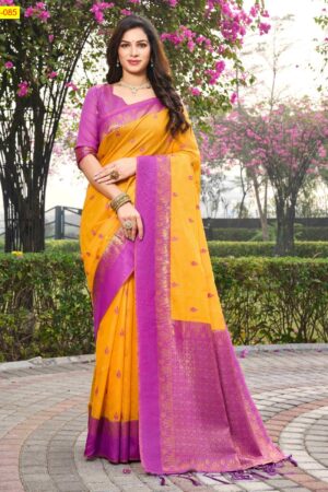 Kalyani Fancy Silk Cotton Saree(Yellow body-Pink border)