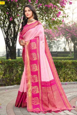 Kalyani Fancy Silk Cotton Saree(Yellow body-Pink border)
