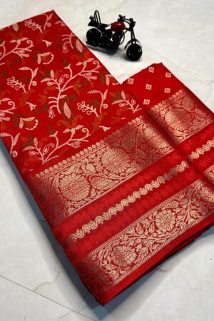 Super Hit Flower Special Pure Candy Cotton Silk Saree(Red)