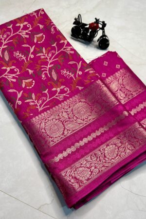 Super Hit Flower Special Pure Candy Cotton Silk Saree(Pink)