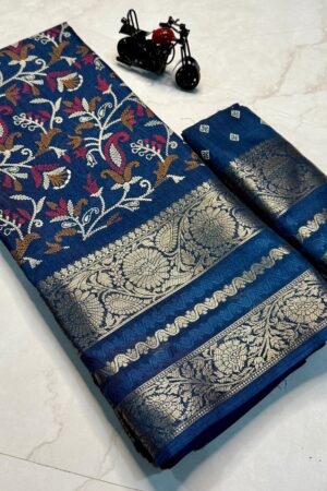 Super Hit Flower Special Pure Candy Cotton Silk Saree(Blue)