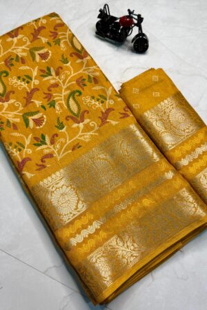 Super Hit Flower Special Pure Candy Cotton Silk Saree(Yellow)