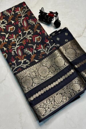Super Hit Flower Special Pure Candy Cotton Silk Saree(Black)