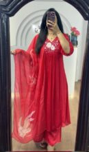 Party Wear Vichitra Silk A-Line Gown with Pant & Dupatta (Set of 3)