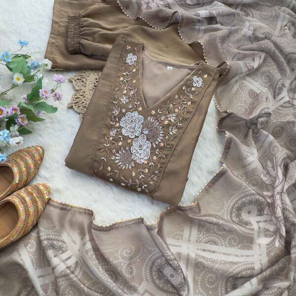 Party Wear Vichitra Silk A-Line Gown with Pant & Dupatta (Set of 3)