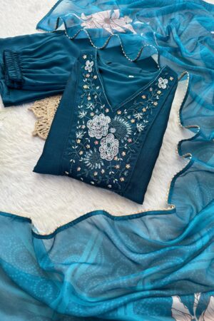 Party Wear Vichitra Silk A-Line Gown with Pant & Dupatta (Set of 3)