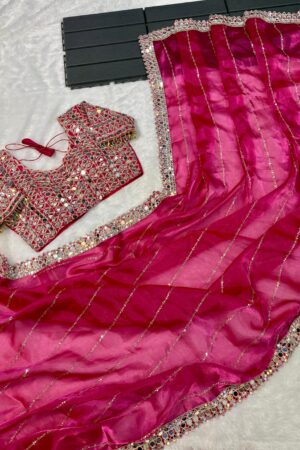 Super Hit Mirror Work Saree(Pink)