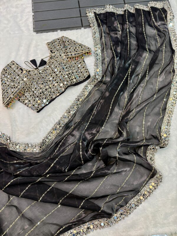 Super Hit Mirror Work Saree(Black)