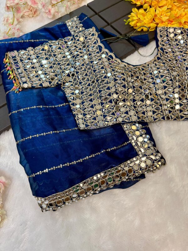 Super Hit Mirror Work Saree(Blue) - Image 4