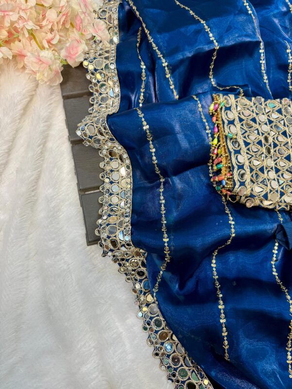 Super Hit Mirror Work Saree(Blue) - Image 3