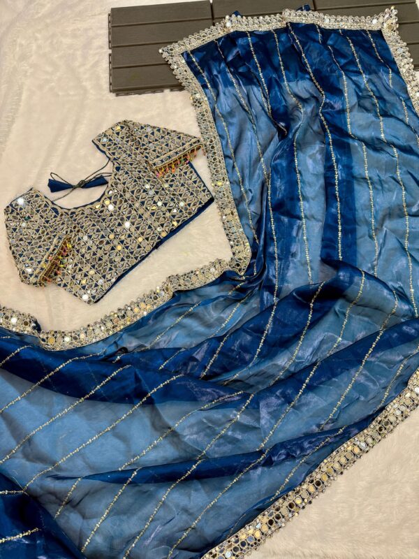 Super Hit Mirror Work Saree(Blue)